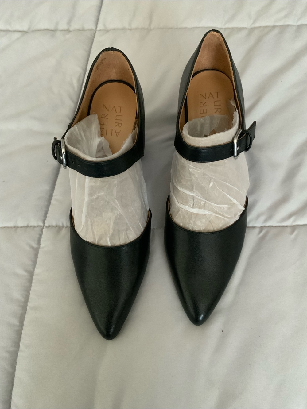 Naturalizer Black Pointed Mary Jane Heels with Ankle Strap - Picture 2 of 9